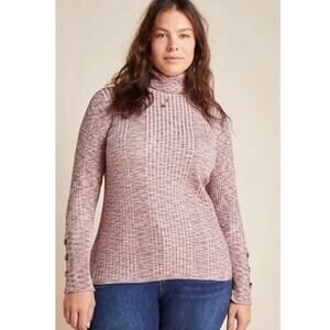 Anthropologie Ribbed Knit Turtleneck Sweater Pullover Button Sleeve Pink EUC XL